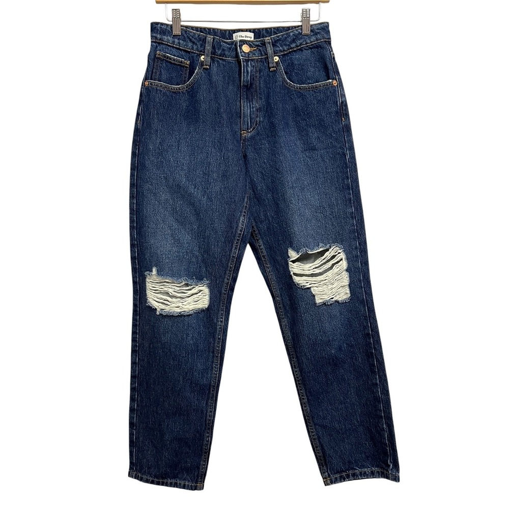 The Drop Luca Straight Leg Jeans Womens 25 Dark Indigo Distressed Knee Mom Jeans